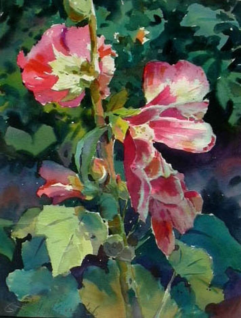 _Hollyhocks_ watercolour example