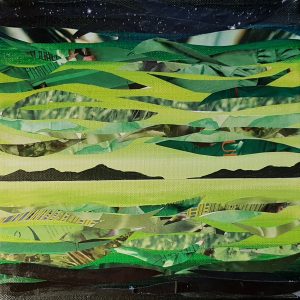 collage in greens depicting the Northern Lights