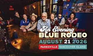 Promotional poster for 'An Evening with Blue Rodeo' featuring band members in a bar setting.