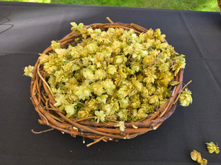A top-down view of a woven basket filled with pale green hop cones and brown grapevine stems, placed on a dark surface.
