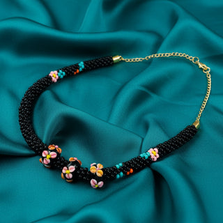 Diana Lockwood - Necklace - Kimihimo - Black with flowers - 9" long -  - Jewellery - McMillan Arts Centre & MAC Box Office