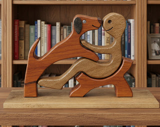 Ron Acton - Wood - Dog with boy -  - Wood Art - McMillan Arts Centre & MAC Box Office