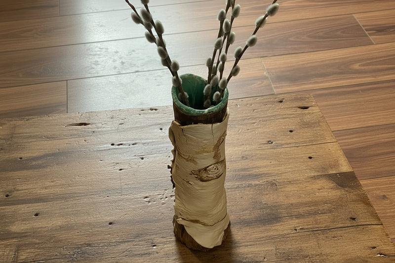 Penelope Harber - Pottery Vase  - turquoise interior with a birch bark exterior -  - Pottery - McMillan Arts Centre & MAC Box Office