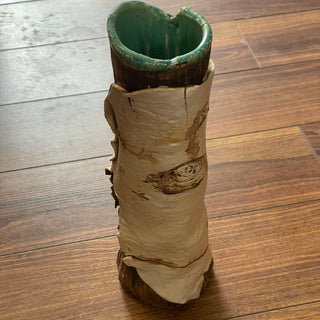 Penelope Harber - Pottery Vase  - turquoise interior with a birch bark exterior -  - Pottery - McMillan Arts Centre & MAC Box Office