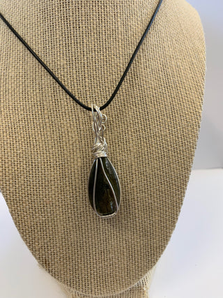 Quicksilver Creations - pendant-Labradorite-18"black cord-silver plate wrap long hoop -  - Jewellery - McMillan Arts Centre & MAC Box Office