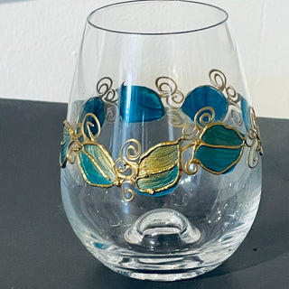 Lori Schiersmann - Stemless Wine Glass - Teal & Gold -  - Glass Art - McMillan Arts Centre & MAC Box Office