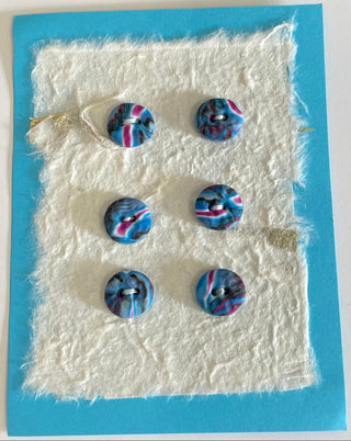 Lynn Orriss - Polymer Clay Button Set of 6 -  Blue & Pink, small round -  - Jewellery - McMillan Arts Centre & MAC Box Office