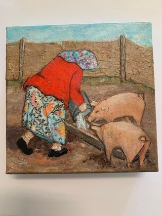 Fay St. Marie - Painting - Baba Feeding Pigs #2 - 6"x6" -acrylic & collage on canvas -  - Painting - McMillan Arts Centre & MAC Box Office