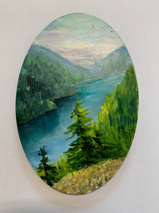 Margery Blom -Mini Oil Painting - Cameron Lake - Oval 3.5x5.5" -  -  - McMillan Arts Centre & MAC Box Office