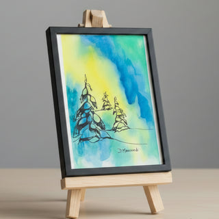 Diane Mercredi - Pen & Watercolour - Trees under Northern Lights - 8" x 10" matted -  - Painting - McMillan Arts Centre & MAC Box Office