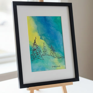 Diane Mercredi - Pen & Watercolour - Trees under Northern Lights - 8" x 10" matted -  - Painting - McMillan Arts Centre & MAC Box Office
