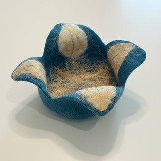 Sally Shivers - Felted Bowl - Flower shape turquoise with white & gold viscose -  - Fibre Art - McMillan Arts Centre & MAC Box Office