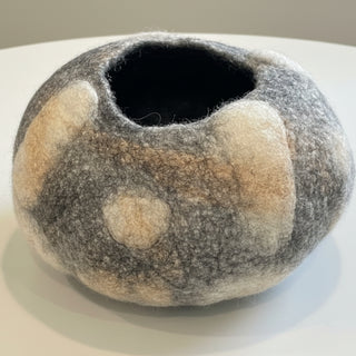 Sally Shivers - Felted bowl - Grey with gold & orange silk & viscose -  - Fibre Art - McMillan Arts Centre & MAC Box Office