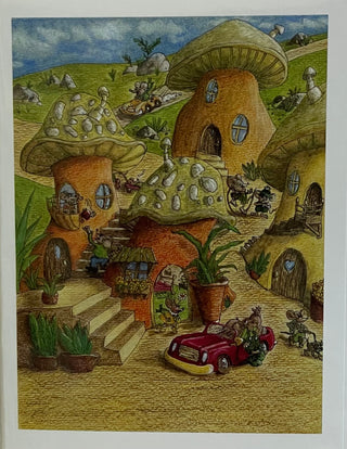 Kathryn Ellis Collins - Card - Mushroom Village  - red car -  - Card - McMillan Arts Centre & MAC Box Office