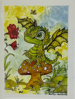 Kathryn Ellis Collins - Card - Little dragon perched on mushroom -  - Card - McMillan Arts Centre & MAC Box Office