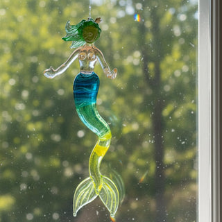 Rubius Glass - Suncatcher - Large Mermaid -Green hair, blue & green body