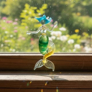 Rubius Glass - Suncatcher - Large Mermaid -Blue hair, green & yellow body