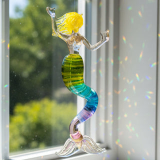 Rubius Glass - Suncatcher - Large Mermaid - Yellow hair, blue & green body