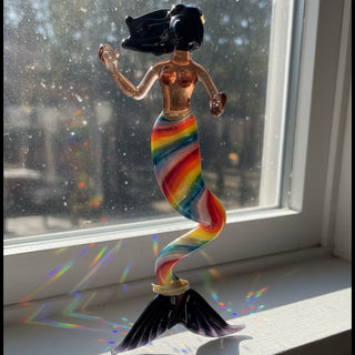 Rubius Glass - Suncatcher - Large Mermaid -Black hair & face, rainbow body