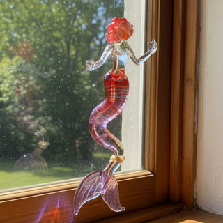 Rubius Glass - Suncatcher - Large Mermaid -Orange hair, red & purple body