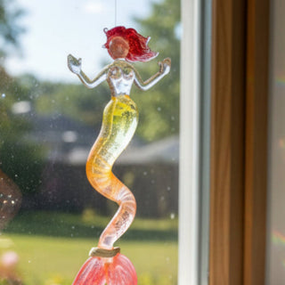 Rubius Glass - Suncatcher - Large Mermaid -Pink hair, yellow/orange/pink body