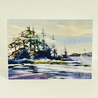 Peggy Burkosky - Card - Treed Point with Trawler in background