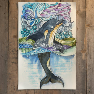 Carla Flegel - Painting -Dolphin surfacing  5.5" x 9.25"