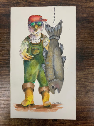 Carla Flegel - Painting -Fisherman with salmon - 5.5" x 9.25"
