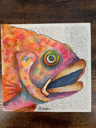 Carla Flegel - Painting - Pink fish head - 5.5" x 5.5"