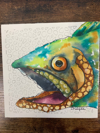 Carla Flegel - Painting -Green/Yellow fish head - 5.5" x 5.5"