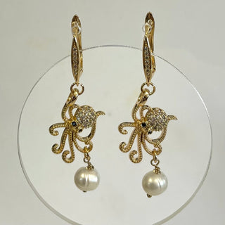 Julie Hawes - Earrings - Sparkly Octopus with dangling pearl