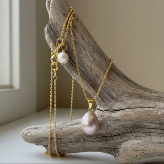 Julie Hawes - Pendant - Large Pink Pearl with white pearl on fastener - short gold filled chain -  - Jewellery - McMillan Arts Centre & MAC Box Office