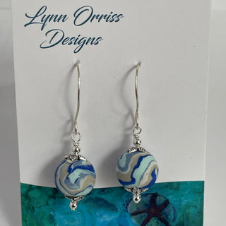 Lynn Orriss - Earrings - Round ball - Blue & grey swirls