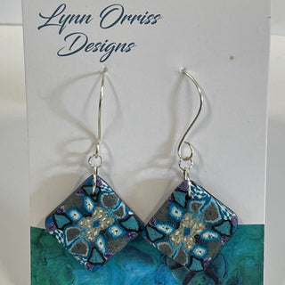 Lynn Orriss - Earrings - Square - Grey with blue design, stainless steel shepherds hook -  - Jewellery - McMillan Arts Centre & MAC Box Office