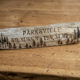 Drift Roots - Driftwood Sign - "Parksville" with coordinates