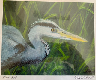 Wendy Schmidt - Matted Print - "Heron Hunt" 14" x 12"