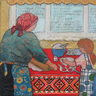 Fay St. Marie - Painting -Helping Baba Make Perogies - Collage & Acrylic on Canvas 8"x8" -  - Painting - McMillan Arts Centre & MAC Box Office