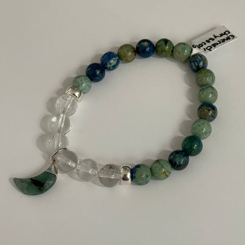 Alasha Lantinga - Bracelet (Stretchable) - Chrysocolla, Clear Moss Quartz, Moon Charm - Alasha Lantinga - McMillan Arts Centre Gallery, Gift Shop and Box Office - Vancouver Island Art Gallery