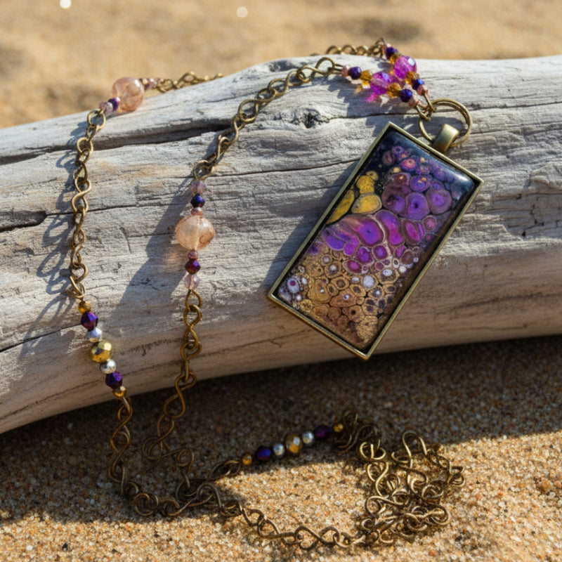 Linda Campbell -Pendant - Large Rectangle - Brass chain with beads - Linda Campbell - Jewellery - McMillan Arts Centre & MAC Box Office