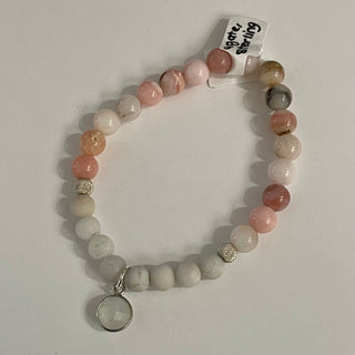 Alasha Lantinga - Bracelet (Stretchable) - Pink Opal, White Agate, Moonstone charm - Alasha Lantinga - McMillan Arts Centre Gallery, Gift Shop and Box Office - Vancouver Island Art Gallery