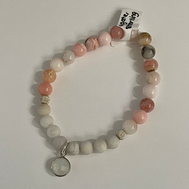 Alasha Lantinga - Bracelet (Stretchable) - Pink Opal, White Agate, Moonstone charm - Alasha Lantinga - McMillan Arts Centre Gallery, Gift Shop and Box Office - Vancouver Island Art Gallery