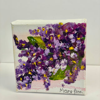 Mary-Ann Quist - Painting - Purple Flowers - 4" x 4" - Mary-Anne Quist - Painting - McMillan Arts Centre & MAC Box Office