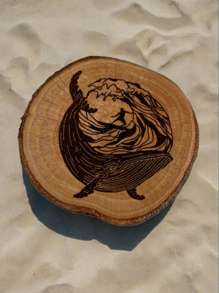 Drift Roots - Driftwood Coaster - Whale and surfer - Drift Roots (Wes Robertson) - McMillan Arts Centre Gallery, Gift Shop and Box Office - Vancouver Island Art Gallery