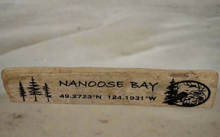 Drift Roots - Driftwood Sign - "Nanoose Bay" with coordinates & trees - Drift Roots (Wes Robertson) - Wood Art - McMillan Arts Centre & MAC Box Office