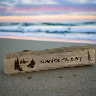 Drift Roots - Driftwood Sign - "Nanoose Bay " with etched tees - Drift Roots (Wes Robertson) - Wood Art - McMillan Arts Centre & MAC Box Office