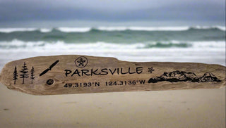 Drift Roots - Driftwood Sign - "Parksville" with coordinates, mountains & eagle - Drift Roots (Wes Robertson) - Wood Art - McMillan Arts Centre & MAC Box Office