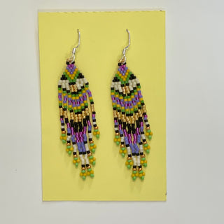 Bruce Thurston - Earrings - Beaded design -purple, white, gold, black - Bruce Thurston - McMillan Arts Centre Gallery, Gift Shop and Box Office - Vancouver Island Art Gallery