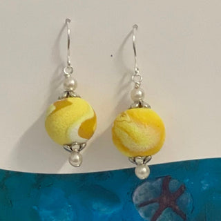 Lynn Orriss - Earrings - Yellow with pearl, small - Lynn Orriss - McMillan Arts Centre Gallery, Gift Shop and Box Office - Vancouver Island Art Gallery