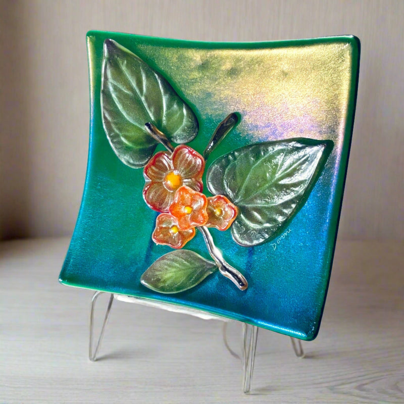 Doroni Lang - Dichronic glass plate with flowers - Doroni Lang - McMillan Arts Centre Gallery, Gift Shop and Box Office - Vancouver Island Art Gallery