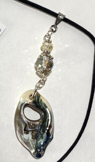 Mary Flores- Pendant Porcelain beads, glass crystal on cord - MAC-Donation - McMillan Arts Centre Gallery, Gift Shop and Box Office - Vancouver Island Art Gallery